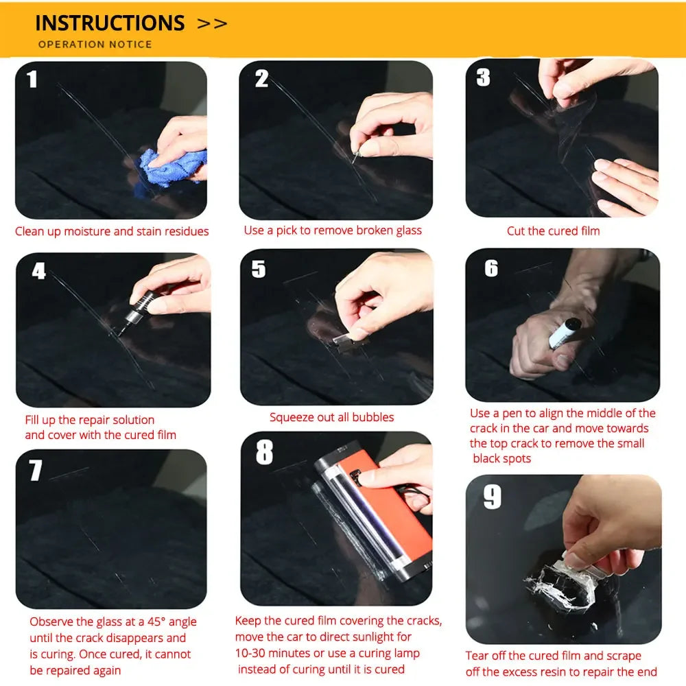 Instructions for repairing a car windshield crack using a kit involving cleaning, filling, and curing film.