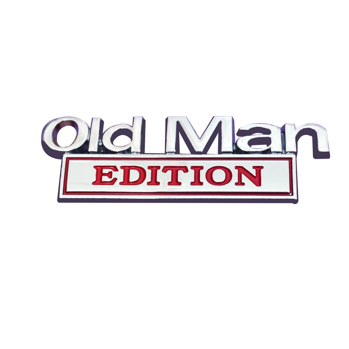 A silver and purple 3D chrome emblem featuring the text Old Man EDITION on a rectangular badge.