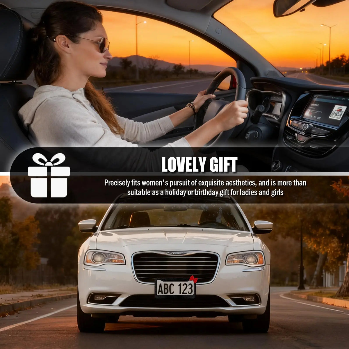 A white Mercedes-Benz car is shown on a road with a woman driving, featuring a decorative license plate frame set.