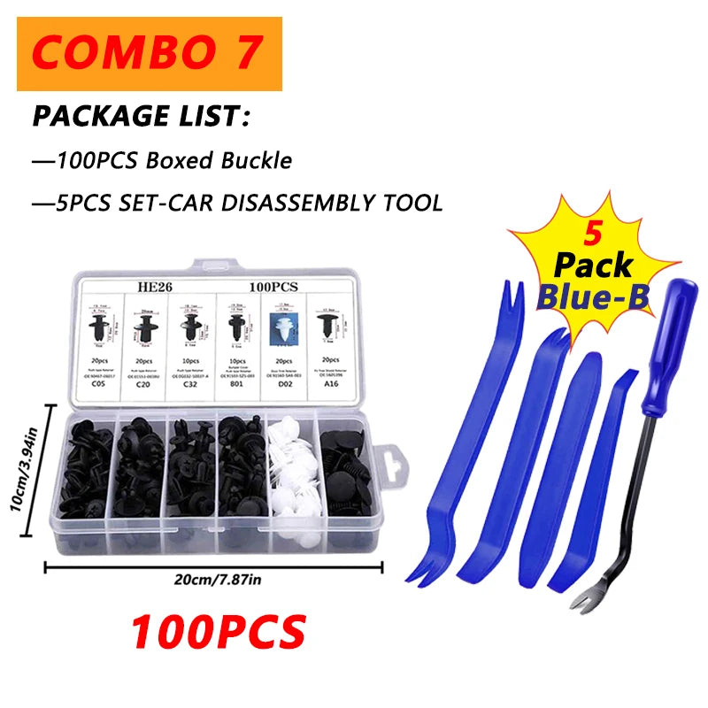 Combo 7 package list showing a box of 100 pieces of boxed buckle and a set of 5 pieces of car disassembly tools