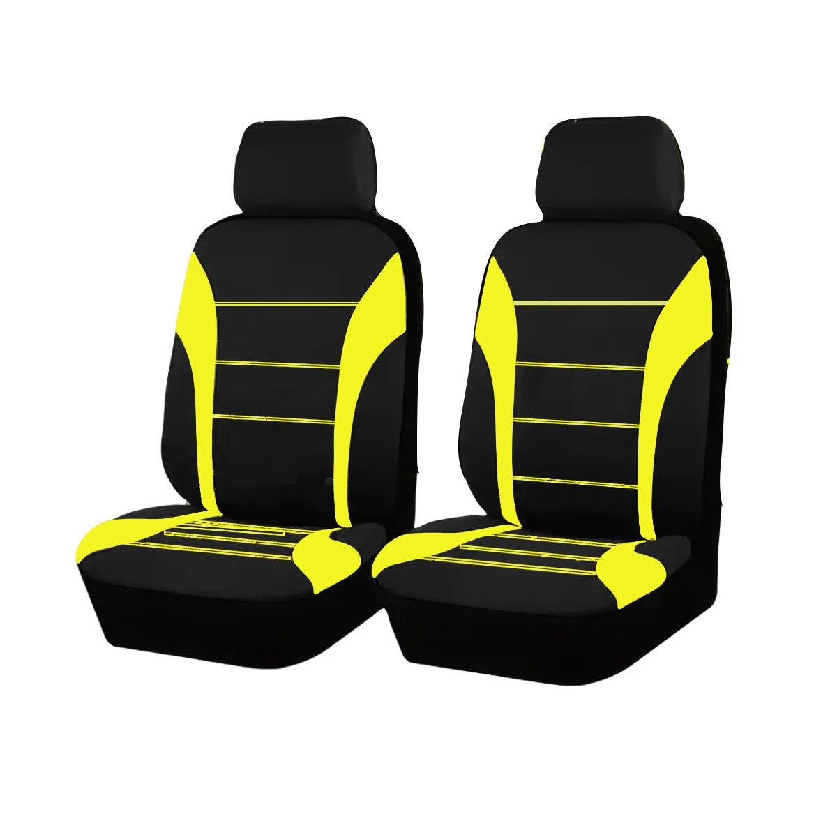 A pair of black seat and cushion covers with bright yellow accents.