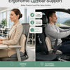 Ergonomic lumbar support seat cushion shown in use for office and car seating.