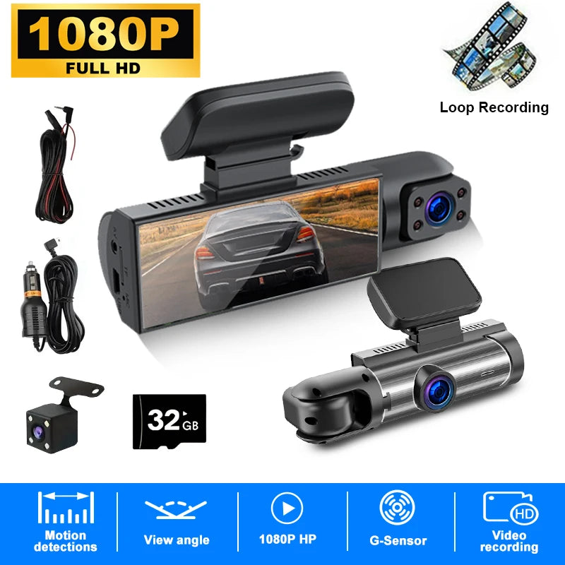 Caméra dashcam noire 1080P avec accessoires, incluant une fonction d'enregistrement en boucle et une unité séparée.