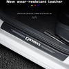 Close-up of a black wear-resistant leather door sill protector for a Ford F-150 vehicle.