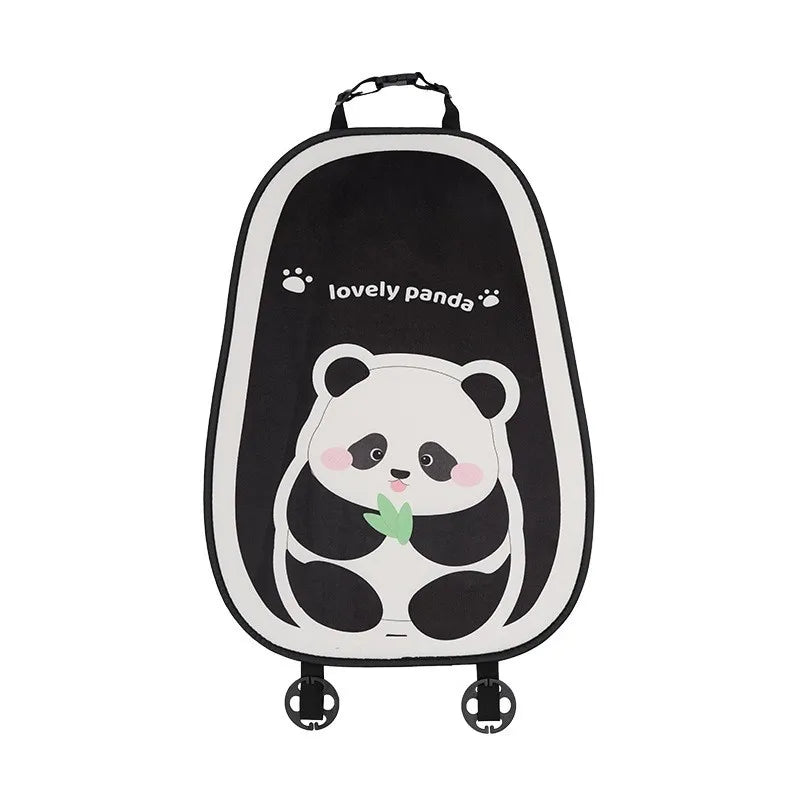 Black and white cartoon panda car seat cushion set with a handle and wheels
