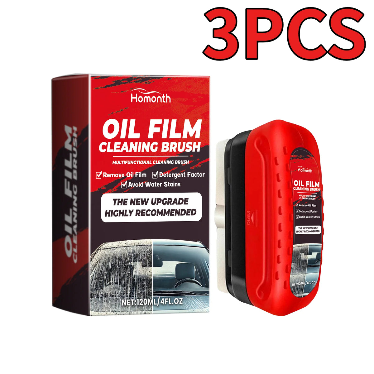 Three oil film cleaning brushes in a box, showing the product and usage.