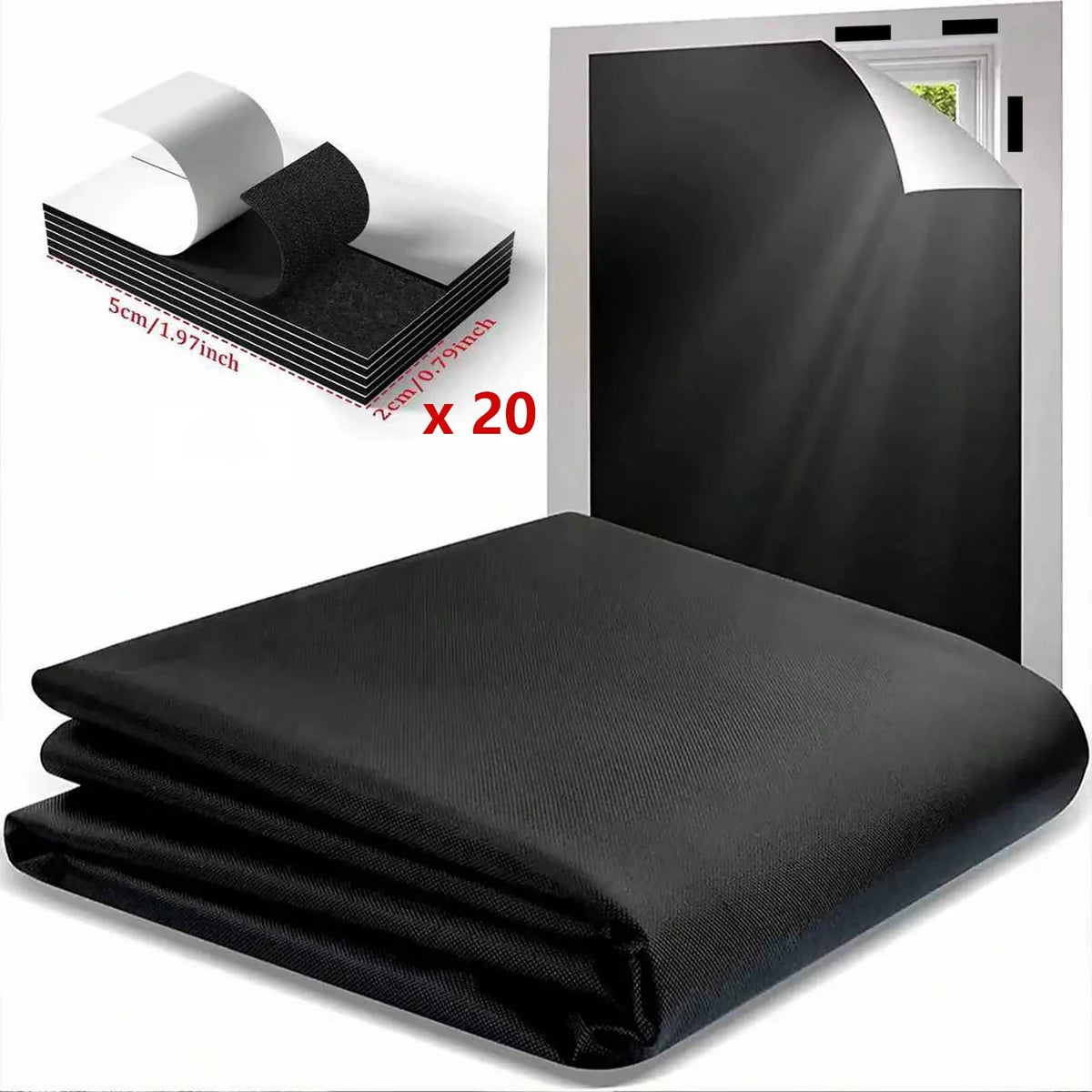 Blackout sunscreen window shade fabric rolled and displayed next to a finished shade panel.