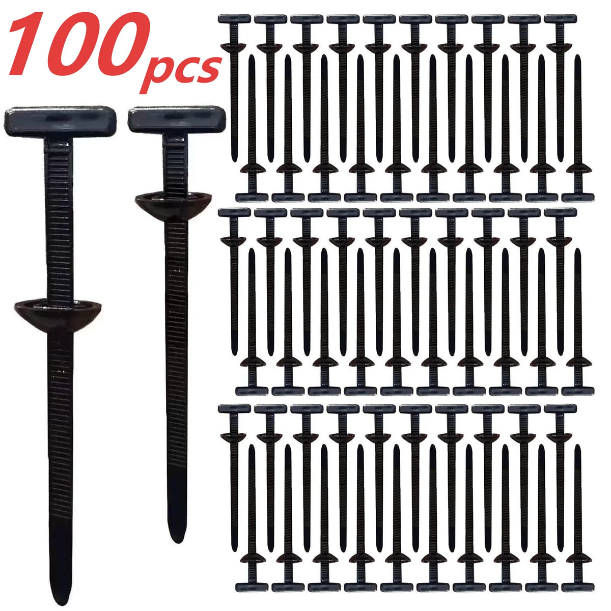 A set of 100 black durable self-locking nylon cable ties.