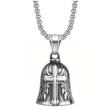 Silver motorcycle bell keychain featuring an angel wings design and a cross pendant on a chain.