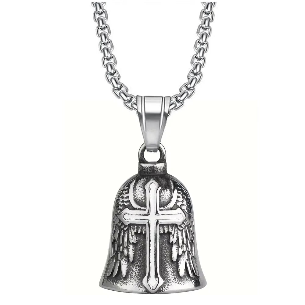 Silver motorcycle bell keychain featuring an angel wings design and a cross pendant on a chain.