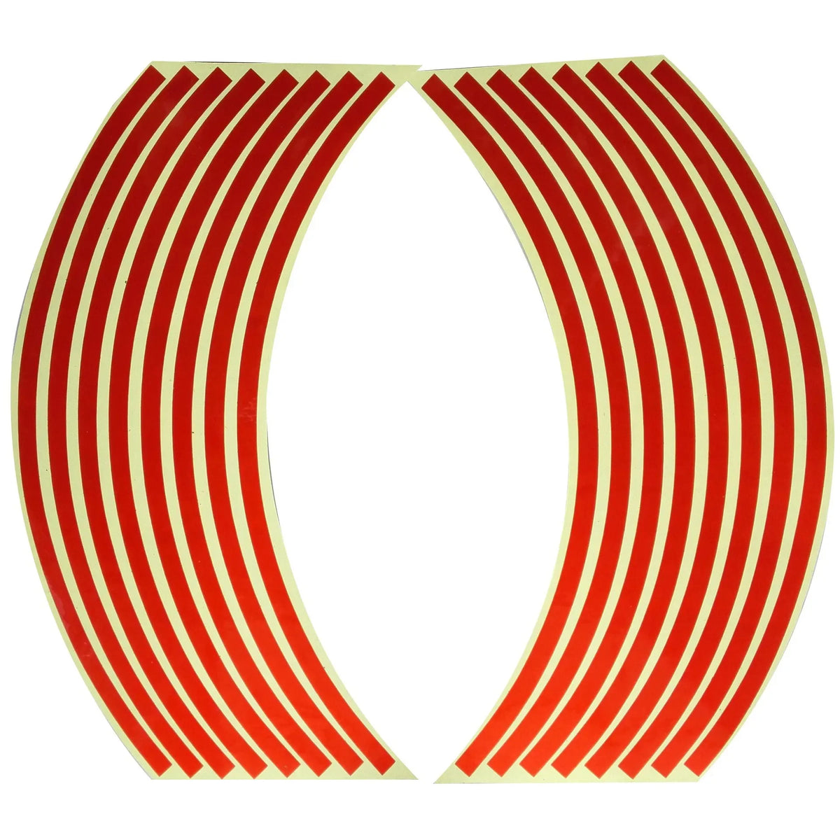 Red and white reflective wheel rim strips arranged in a curved, fan-like pattern.