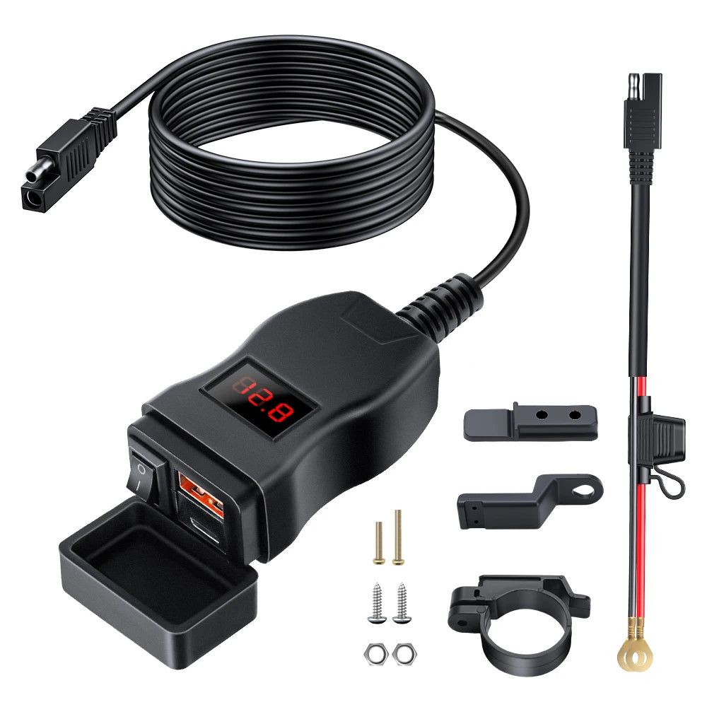محول شاحن USB للدراجة النارية أسود مع كابل وموصلات تثبيت.