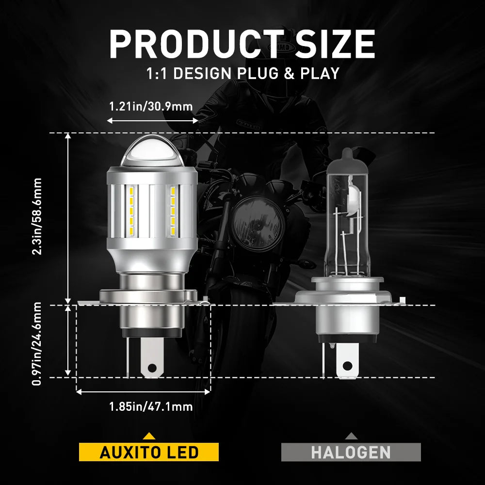 A comparison showing an Auxito LED plug and play design next to a traditional halogen motorcycle headlight bulb.