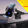 A wireless car charger with RGB lighting is shown mounted on a vehicle's dashboard vent.