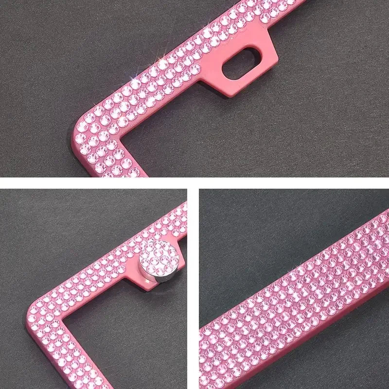 A close-up view of a pink crystal rhinestone license plate frame with a unique curved design.