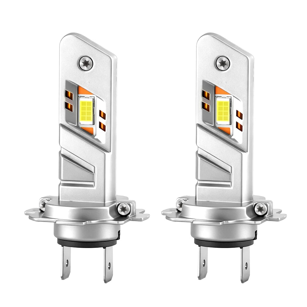 A pair of silver H1 H7 LED headlight bulbs with Canbus technology and yellow light sources.