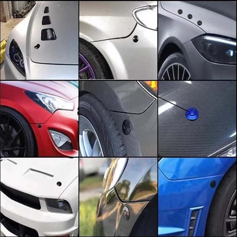 A collage showing various universal car hood pin locks installed on different car models and colors.