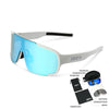 A pair of blue-tinted sports goggles with a gray frame and storage accessories shown on a white background.