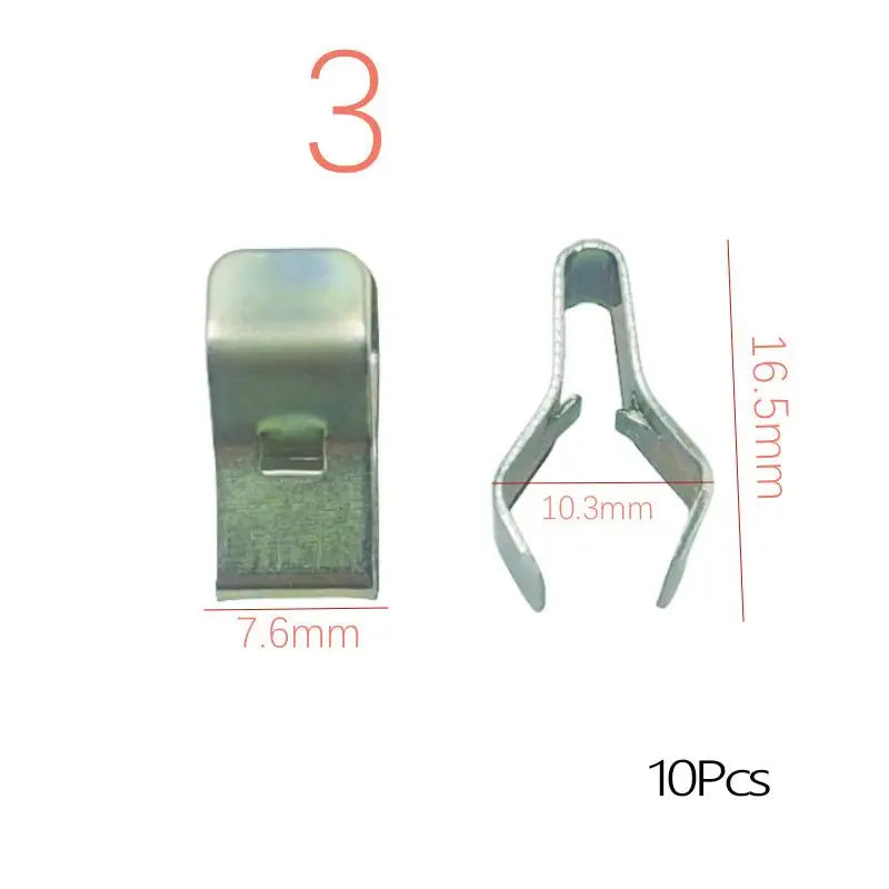 Three universal auto dashboard retainer clips shown with dimensions 16.5mm and 10.3mm