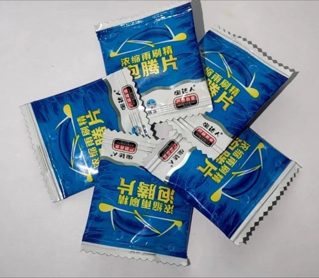 Pack of effervescent car windshield cleaner tablets in blue and white packaging