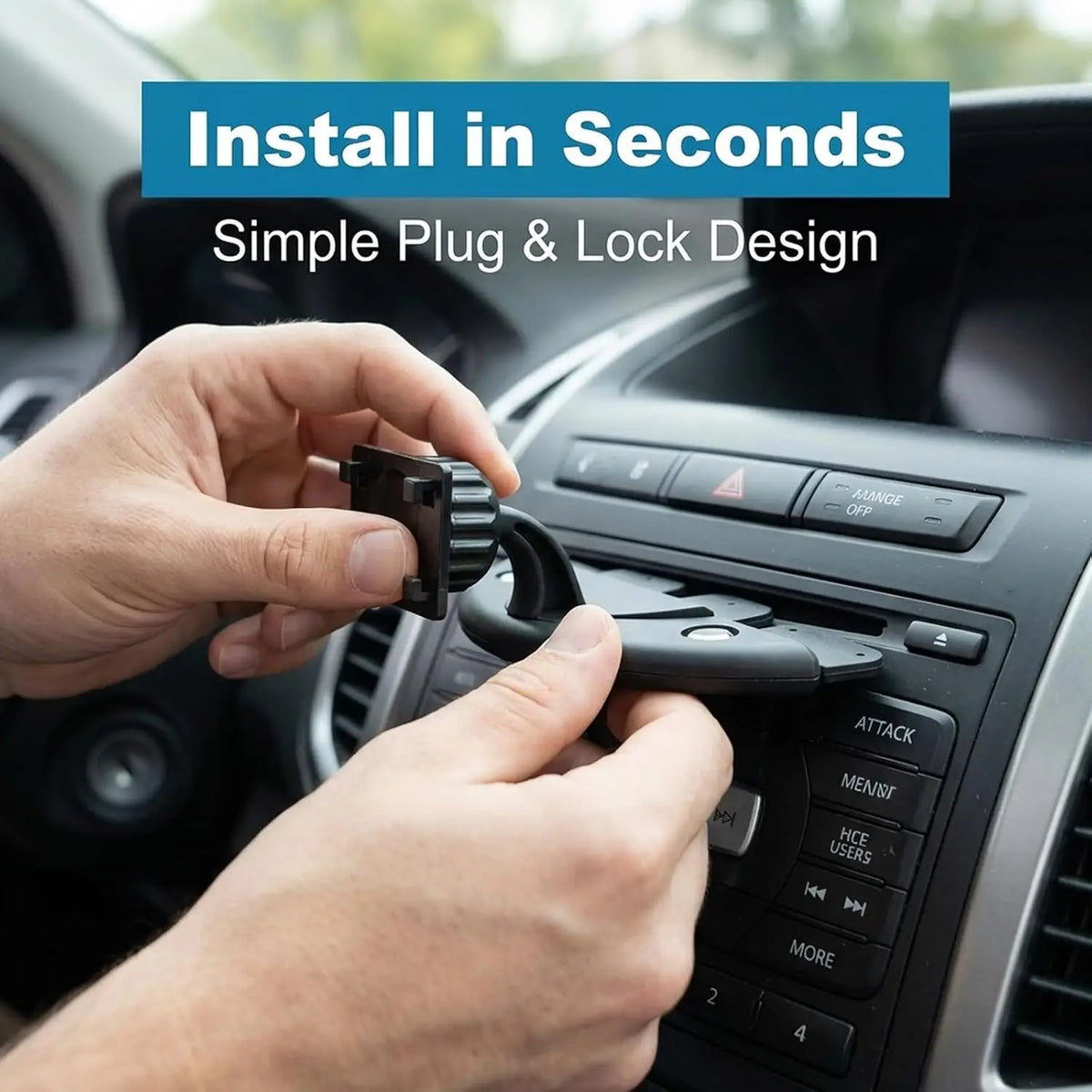 A hand installs a black plug and lock design mount into a car stereo unit.