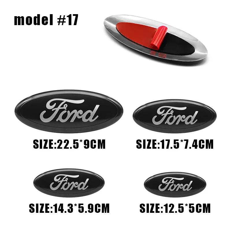 A set of four Ford aluminum emblems and badges in various sizes and finishes.