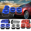 Various colored aluminum car pedal covers shown next to a red sports car.