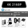 A set of automotive dash cam components including a 4K rearview camera, a 1080P rear camera with a 10M cable, a built-in WiFi