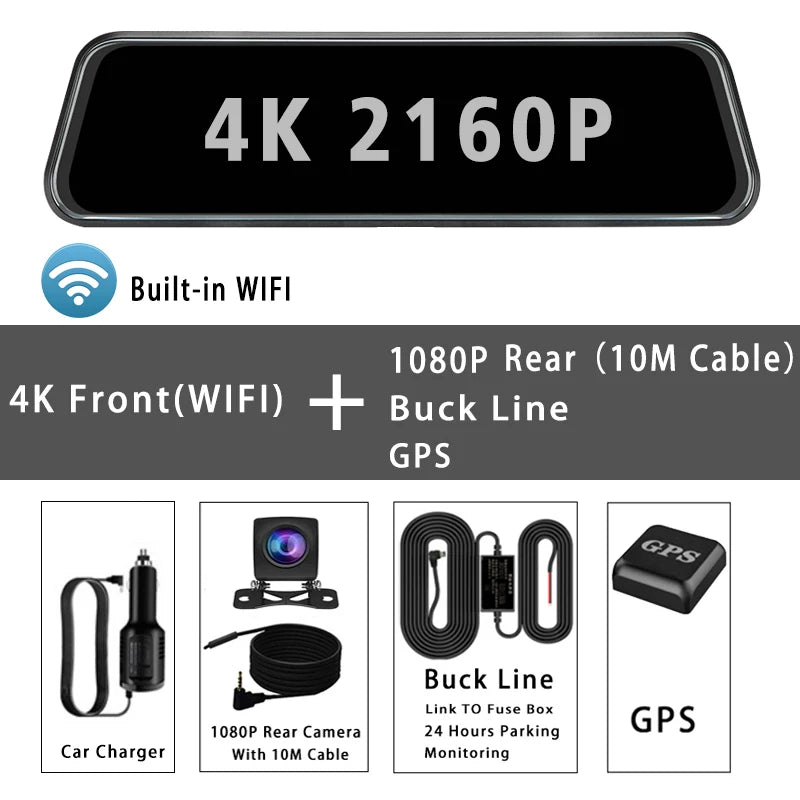 A set of automotive dash cam components including a 4K rearview camera, a 1080P rear camera with a 10M cable, a built-in WiFi