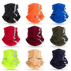 A collection of eight adjustable fleece neck warmers or scarves in various colors including black, orange, blue, red, maroon,