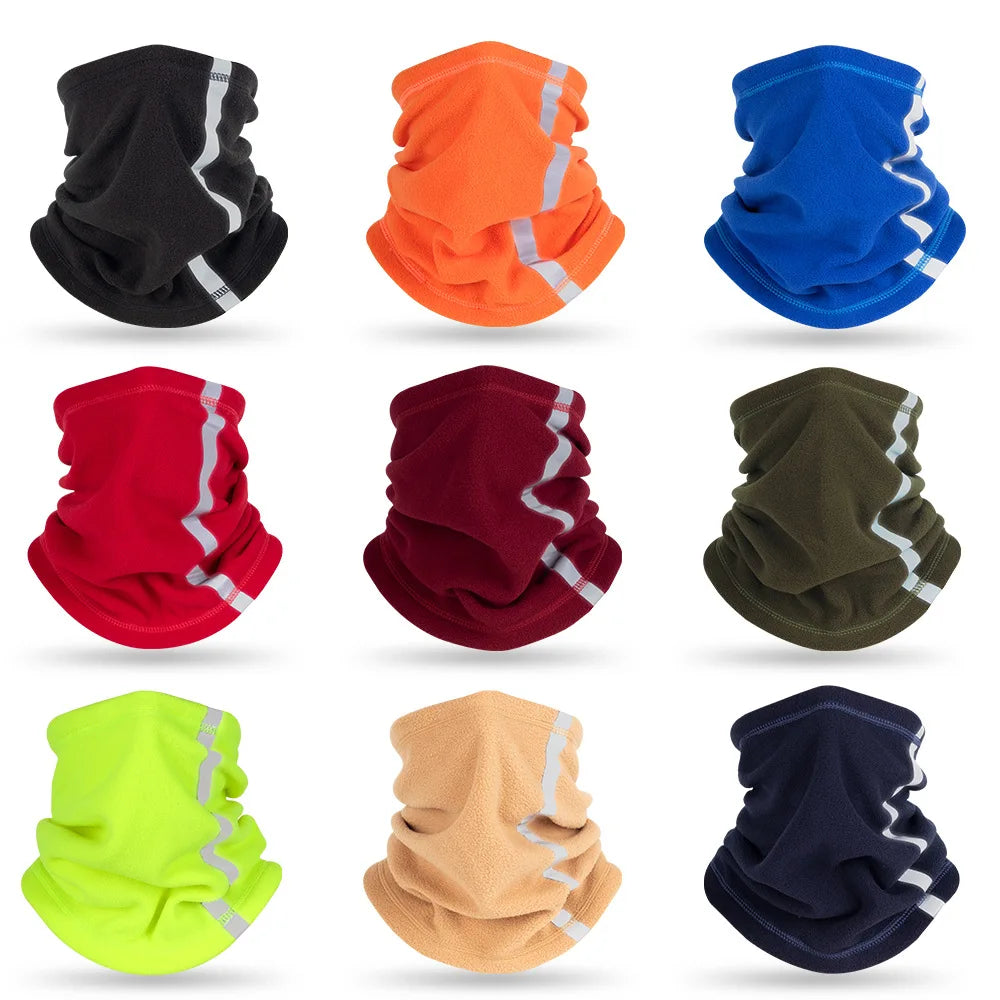 A collection of eight adjustable fleece neck warmers or scarves in various colors including black, orange, blue, red, maroon,
