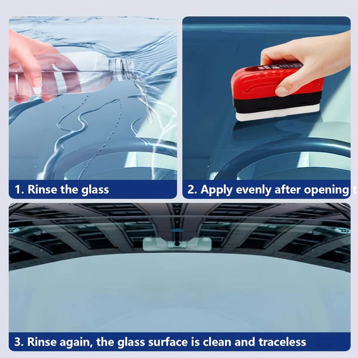 A three-step process for cleaning a windshield using a brush set, showing rinsing and applying the cleaner.