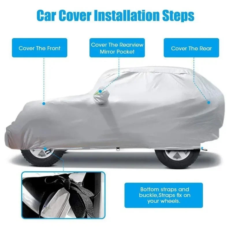 Installation steps for a heavy-duty waterproof car cover on an SUV, showing how to cover the front, rearview mirror pocket, a