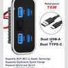 A black charging protocol panel supporting 76W power, dual USB-A and Type-C ports, and various fast charging protocols.