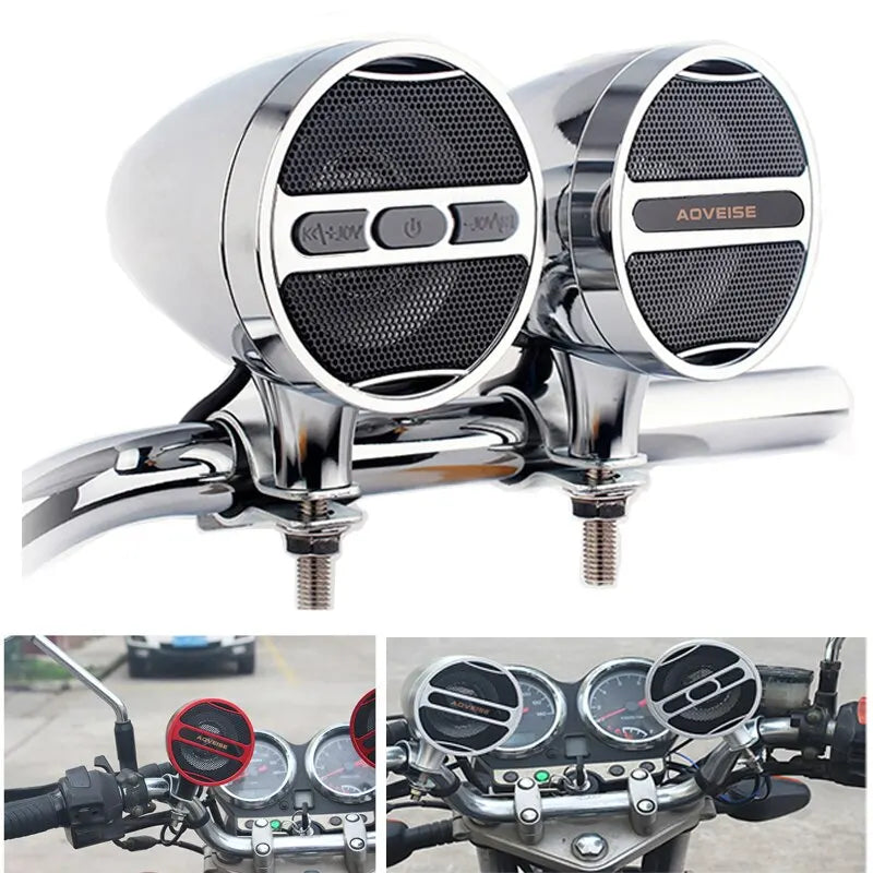 Chrome motorcycle Bluetooth speaker system with grille covers mounted on the handlebars