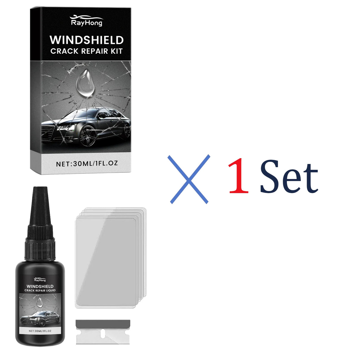 Kit et liquide pour réparer une fissure de pare-brise, incluant une bouteille de liquide et un couvercle en plastique.