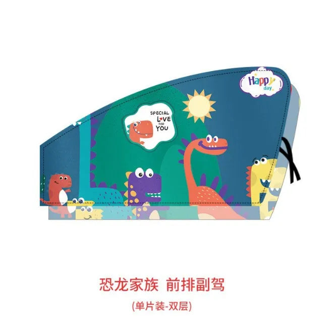 A set of magnetic double-layer car window shades featuring cute dinosaur illustrations for insect protection.