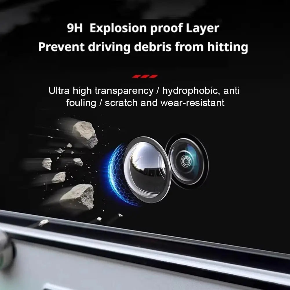 Close-up of a car camera lens protector showing its high transparency and durability features.