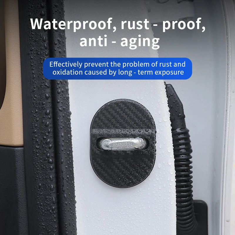 A close-up of a black carbon fiber door lock protector installed on a white car door, emphasizing its waterproof and anti-agi