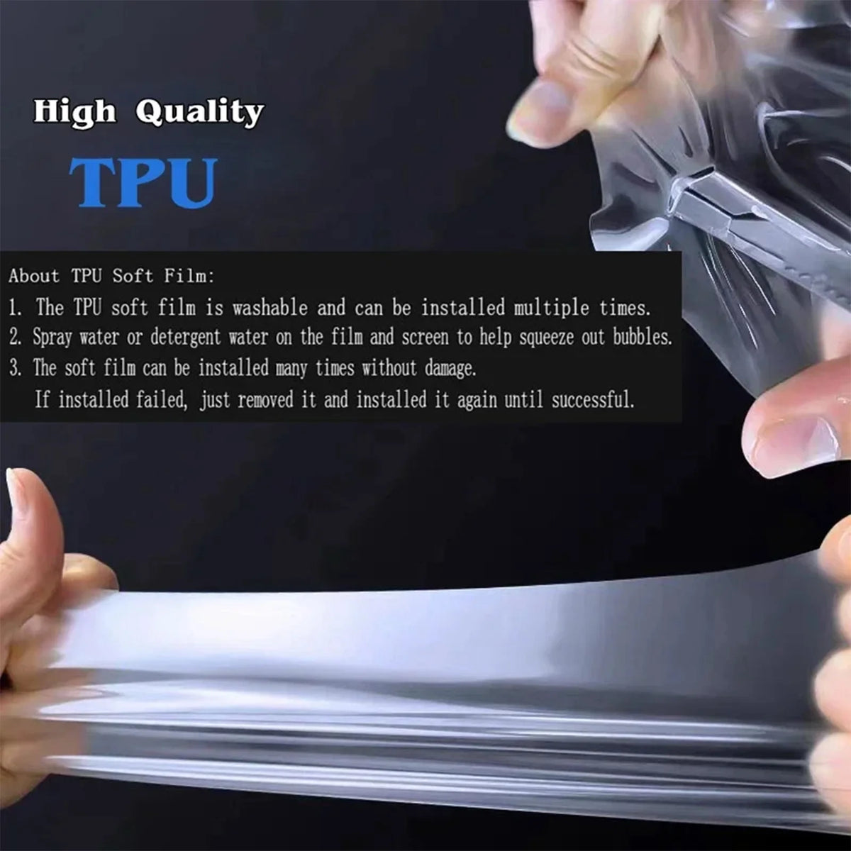 A hand is installing or handling a clear TPU soft film, which is an invisible paint protection film.