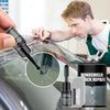 A person is using a tool to repair a windshield crack on a car, with the repair kit visible nearby.