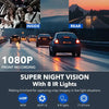 Front recording view of a car dash camera showing night vision capabilities and IR lights.