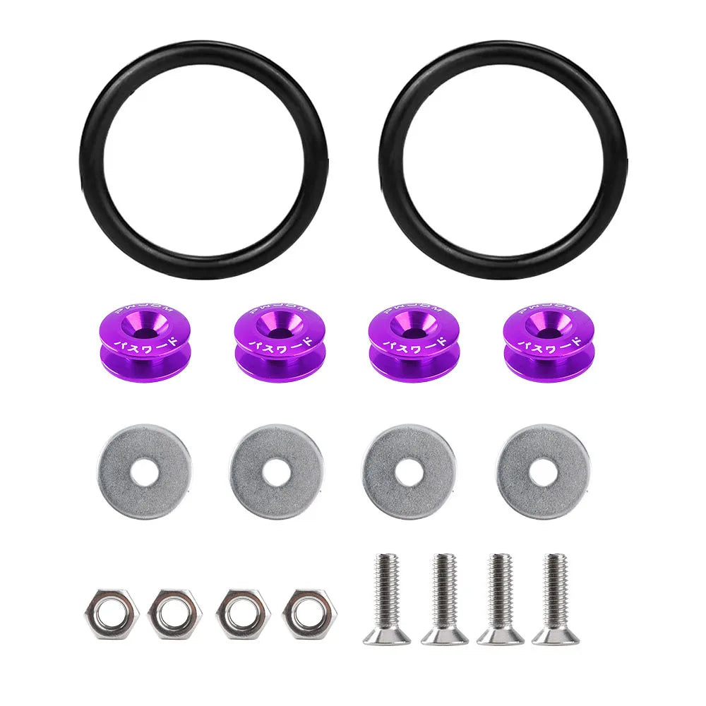 Set of black aluminum bumper fixation clips and various stainless steel screws for auto repair