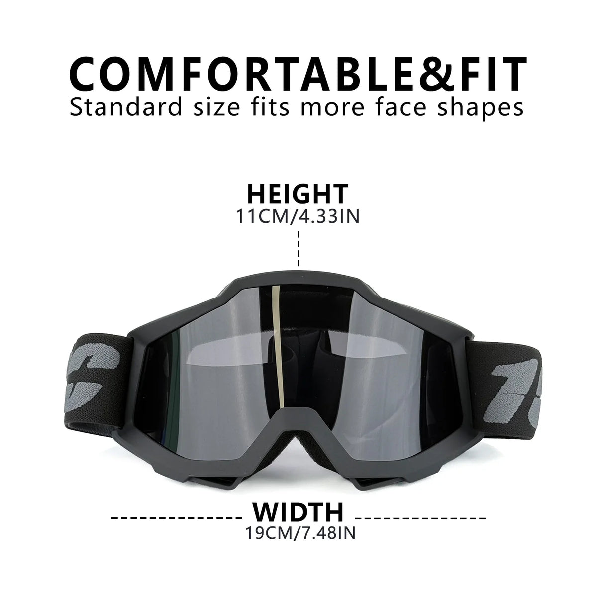 Black off-road motorcycle and ATV goggles shown with measurements for height and width
