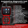 A red automotive diagnostic tool with a color screen and buttons, showing various diagnostic functions.