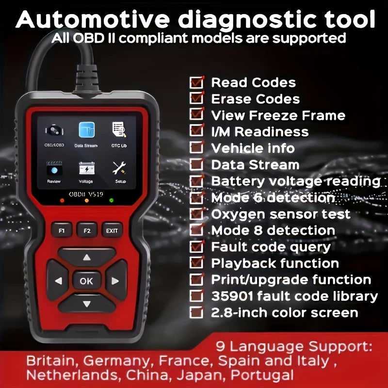 A red automotive diagnostic tool with a color screen and buttons, showing various diagnostic functions.