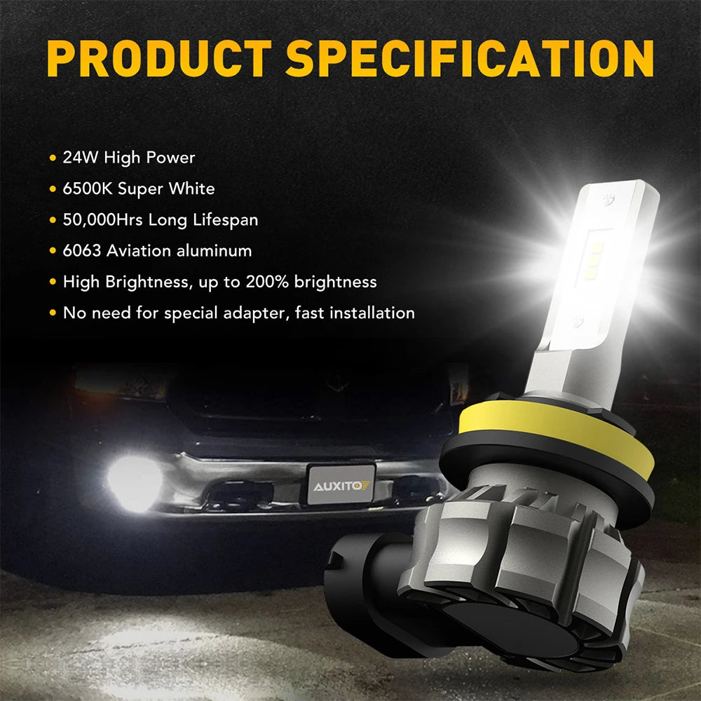 A bright white LED fog light bulb is shown installed in a vehicle's headlight assembly.