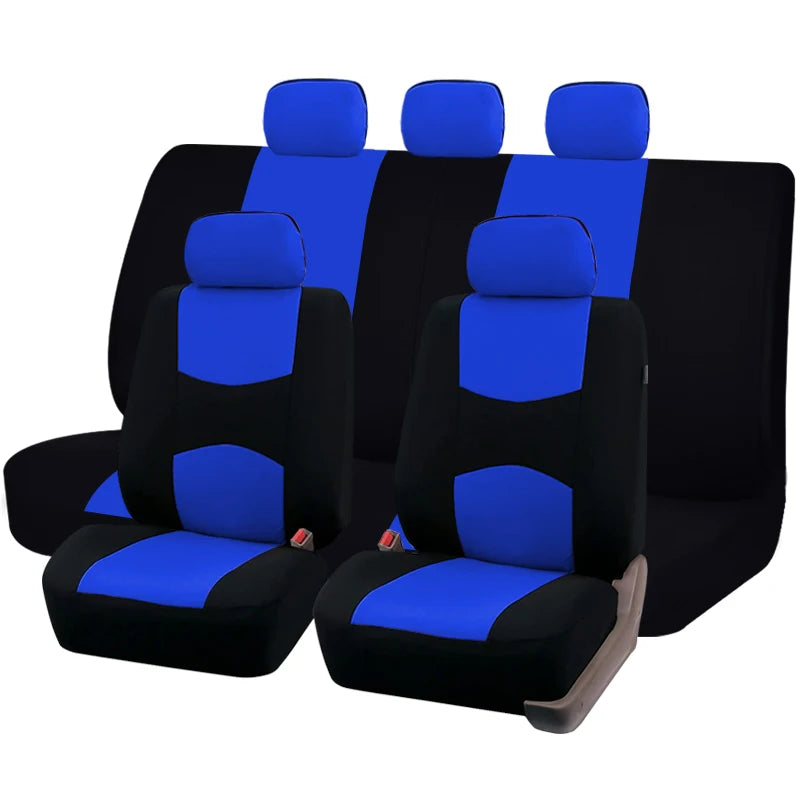 A set of black and blue universal fabric car seat covers, showing multiple seats arranged in a row.