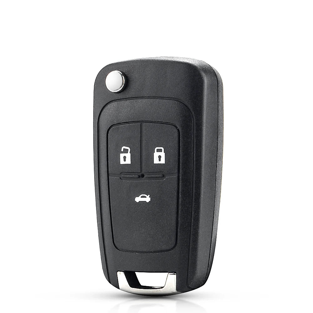 A black flip remote car key fob with three buttons and a silver trim.