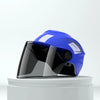 A bright blue lightweight rainproof half helmet with a clear visor is displayed on a white stand.